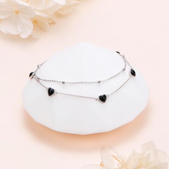 FLYOW Anklet for Women S925 Sterling Silver Adjustable Foot Beaded Heart Charm Ankle Bracelet Anklets Jewelry