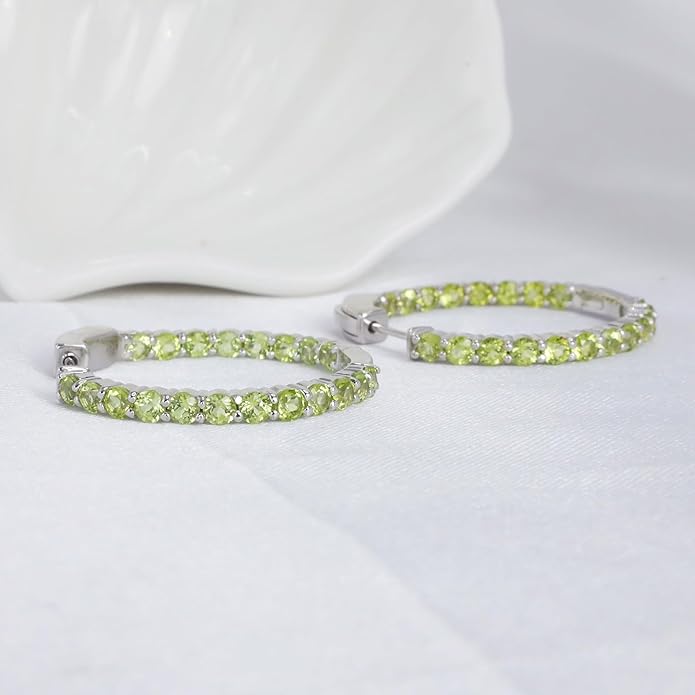 Hoop Earrings with 40 Colored Gemstones, Birthstone Earrings, 925 Sterling Silver Rhodium Plated, Push Back Closure, 1.18'