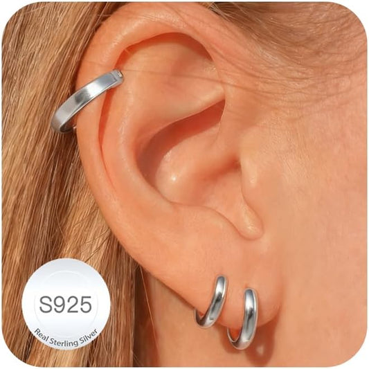 DORANA Valentines Day Gift 3 Pairs 925 Sterling Silver Earrings for Women Girls Non Tarnish Small Hypoallergenic Huggie Hoops Cartilage Stack Earring Sets for Multiple Piercing