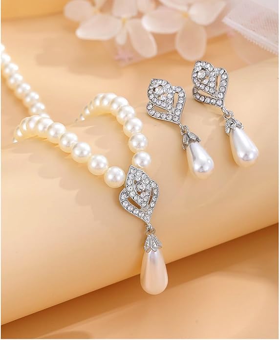 la luen Pearl Bride Wedding Jewelry Set Faux Pearls Crystal Rhinestone Necklace Earrings Bracelet Sets for Women Bridesmaid(3 PCS)