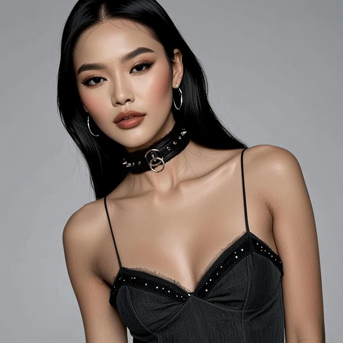 Gothic Punk Choker for Women, Handmade PU Leather Collar with Crystal Rivets Soft Inner Fur Comfortable Necklace