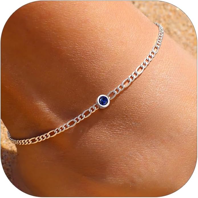 ChicSilver Sterling Silver Anklets Bracelets for Women, Figaro Chain Heart/Round Birthstone Anklet for Women Waterproof, Dainty Herringbone Ankle Bracelet Summer Beach jewelry