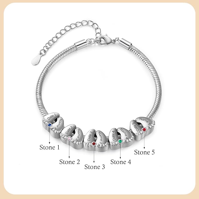 Jeweidea Personalized Foot Charm Birthstone Bracelet – Custom Engraved Bracelet with 1–5 Foot Charms, Name and Date Engraving, Meaningful Jewelry Gift for Mom Wife