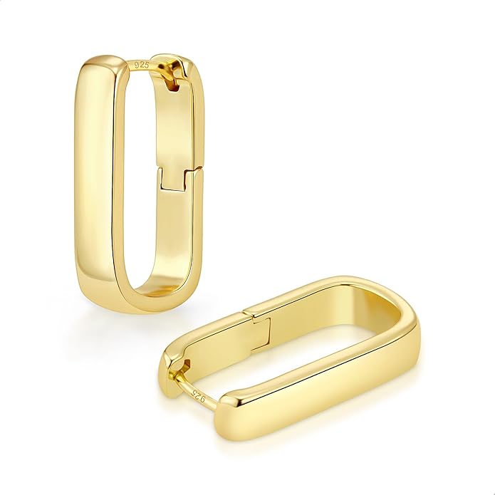 925 Sterling Silver Hoop Earrings for Women Small Square Hypoallergenic 14K Gold Plated Hoop Earrings Geometric Minimalist Rectangle Hoops