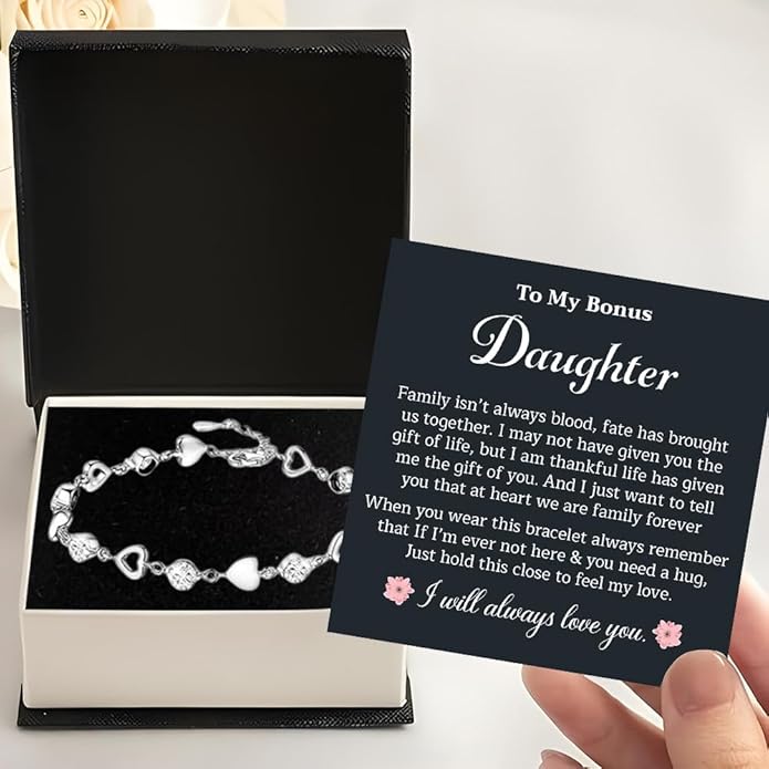 To My Bonus Daughter Heart Bracelet Gift, Beautiful Bonus Daughter Jewelry From Step Mom Dad With Message Card and Box Meaning, Christmas Graduation Birthday Gifts, To My Stepdaughter Bracelet