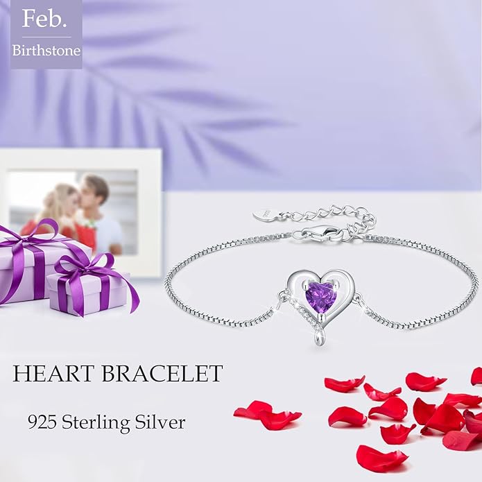LAVUMO Love Heart Bracelets for Women 925 Silver Charm Birthstone Bracelet Adjustable Anniversary Birthday Jewelry Gifts for Women Girlfriend Wife Daughter Mom Her