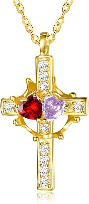 Zeuslia Double Birthstone Necklace Gifts for Wife - 925 Sterling Silver Sunflower/Rose/Crown Cross/Compass/Heart Pendant I Love You Necklace, Anniversary Birthday Gifts for Wife Girlfriend Mom Her