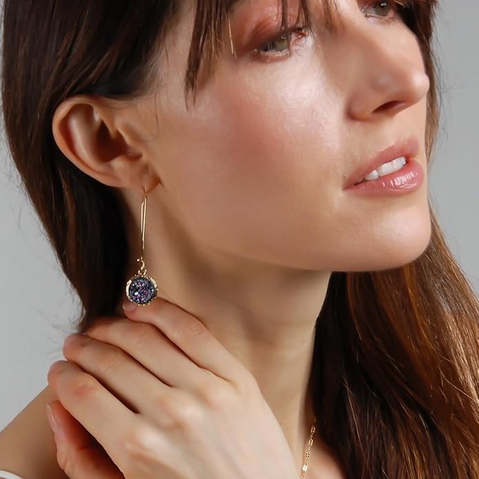 Simulated Druzy Threader Drop Earrings for Women - Gold, Silver, or Rose Gold Tone Trendy Boho Dangles with Sparkly Round Stone