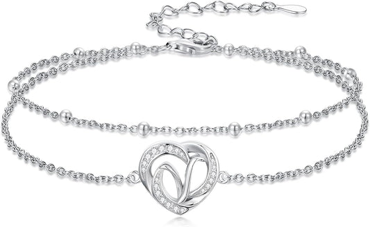 Dorunmo Initial Anklet 925 Sterling Silver Letter A-Z Layered Heart Anklet Beach Jewelry Birthday Gifts for Women