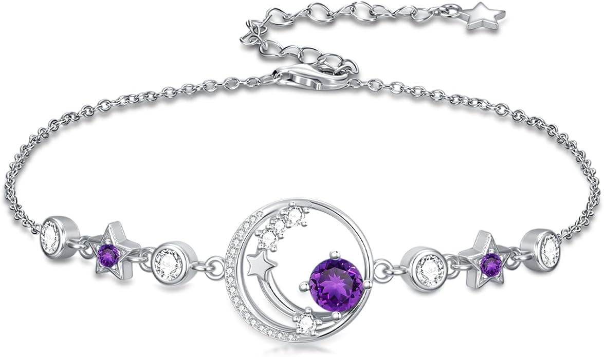 Moon and Star Birthstone Charm Link Bracelet 925 Sterling Silver Moon and Star Bracelet with 12 Months Birthstone Birthday Jewelry Gifts for Women Mom Her,Chain Length 7"+2" Extend