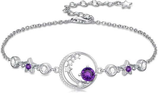 Moon and Star Birthstone Charm Link Bracelet 925 Sterling Silver Moon and Star Bracelet with 12 Months Birthstone Birthday Jewelry Gifts for Women Mom Her,Chain Length 7"+2" Extend