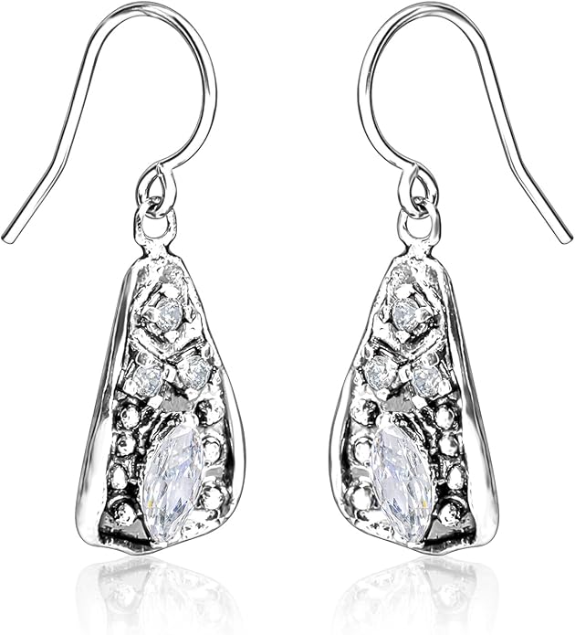 925 Sterling Silver Dangle Earrings for Women - Triangle Shield with Cubic Zirconia Vintage Design - Hypoallergenic, Lead & Nickel Free - Artisan Handcrafted Statement Earrings by Jean Rachel Jewelry