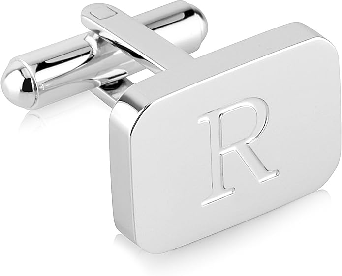18K White-Gold Plated Initial Engraved Stainless Steel Men’s Cufflinks With Gift Box -Personalized Alphabet Letter’s A-Z By Lux & Pair