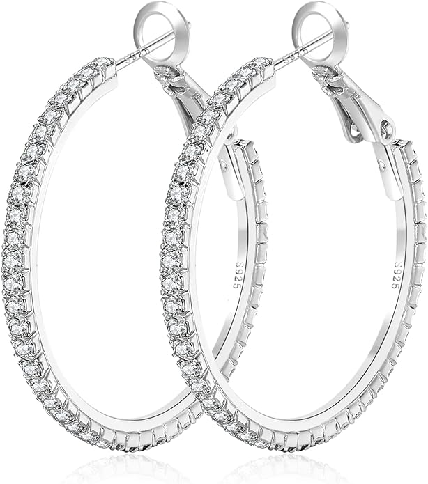 925 Sterling Silver Earrings Large Rhinestone Hoop Earrings Big Cubic Zirconia Hoop Earrings Thin Rhinestones Round Hoop Earrings for Women 20/30/40/50/60/70mm Sparkly Hoops With Crystals for Womens