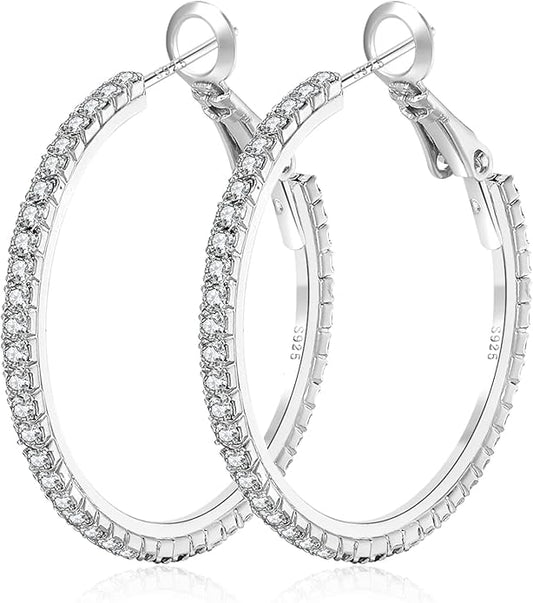 925 Sterling Silver Earrings Large Rhinestone Hoop Earrings Big Cubic Zirconia Hoop Earrings Thin Rhinestones Round Hoop Earrings for Women 20/30/40/50/60/70mm Sparkly Hoops With Crystals for Womens