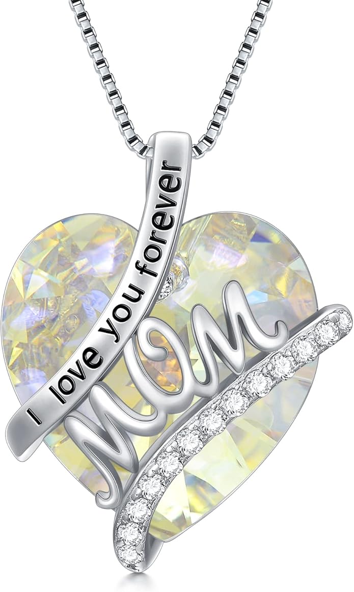 Mothers Day Gifts for Mom s925 Sterling Silver I Love You Forever Love Hear Mon Pendant Necklace with 12 Birthstone Jewelry Birthday Christmas Gifts for Women Grandma Mom Nana From Duaghter Son