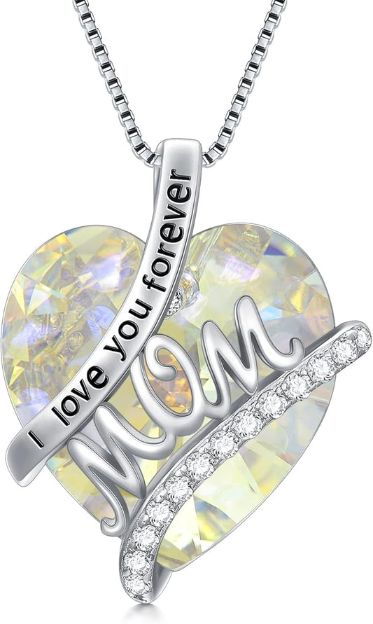 Mothers Day Gifts for Mom s925 Sterling Silver I Love You Forever Love Hear Mon Pendant Necklace with 12 Birthstone Jewelry Birthday Christmas Gifts for Women Grandma Mom Nana From Duaghter Son