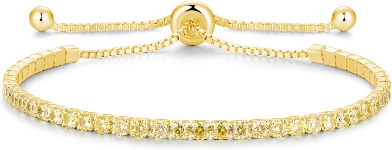 Sterling Silver Birthstone Tennis Bracelets for Women 2.5mm Tennis Bolo Bracelet Fashion Jewelry Birthday Gifts for Women Mom Wife | Adjustable Size 9"