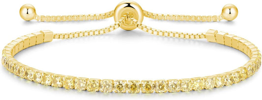 Sterling Silver Birthstone Tennis Bracelets for Women 2.5mm Tennis Bolo Bracelet Fashion Jewelry Birthday Gifts for Women Mom Wife | Adjustable Size 9"