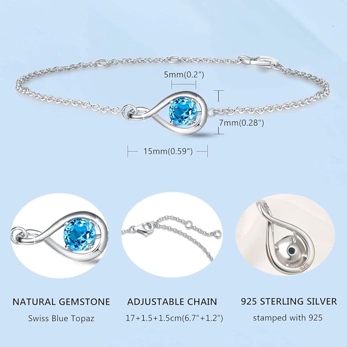 FANCIME Love Bracelet 925 Sterling Silver Infinity Birthstone Bracelets for Women Fine Jewelry Birthday Christmas Gifts for Her Mom Wife, Chain Length 6.7"+1.2" Extend