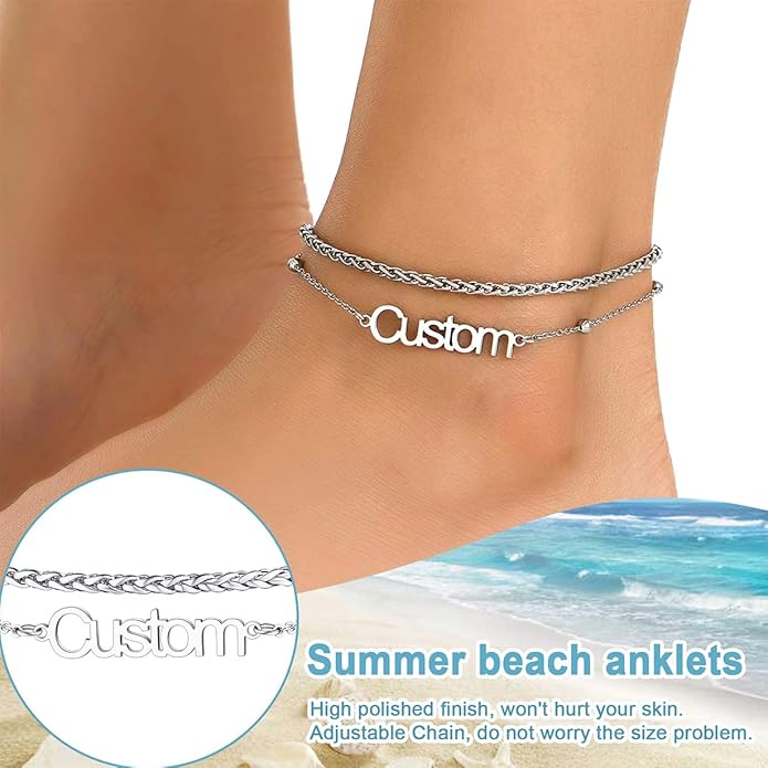 U7 Custom Layered Ankle Bracelets for Women Stainless Steel Bead/Cuban/Figaro/Rope/Wheat Chain Anklet Waterproof Anklet Jewelry for Beach Vacation