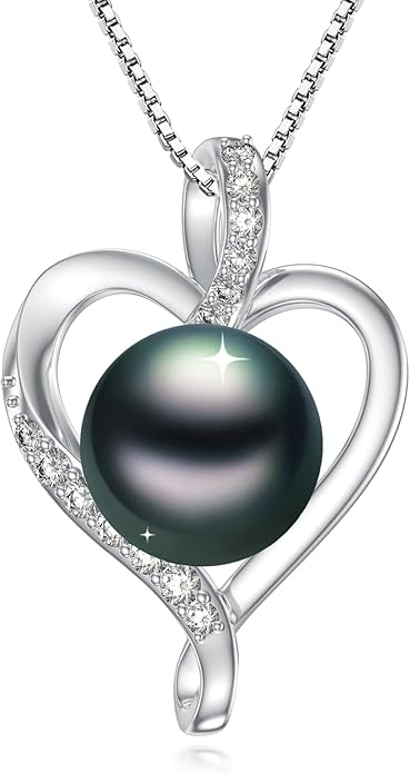 Tahitian Black Pearl 18K White Gold Plated Sterling Silver Heart/Infinity/Four Leaf Clover Pendant Necklace Jewelry Gifts for Women Wife Mom Girlfriend Wedding Birthday Anniversary Christmas