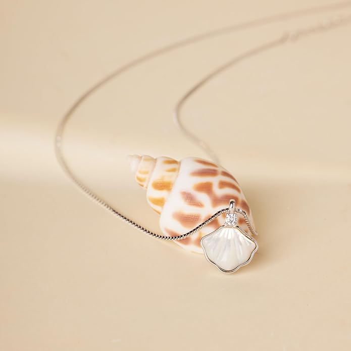 Mother of Pearl Fan Pendant Necklace -Sterling Silver Necklace, Size 16 Inch, Dainty Ocean-Inspired Jewelry for Women, Perfect for Daily Wear and Gifting