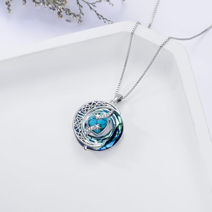 TOUPOP Christmas Gifts Birthstone Necklace 925 Sterling Silver Moon and Star Pendant with Blue Crystal Celtic Moon Jewelry Birthday Gifts for Women Mom Wife Her Daughter