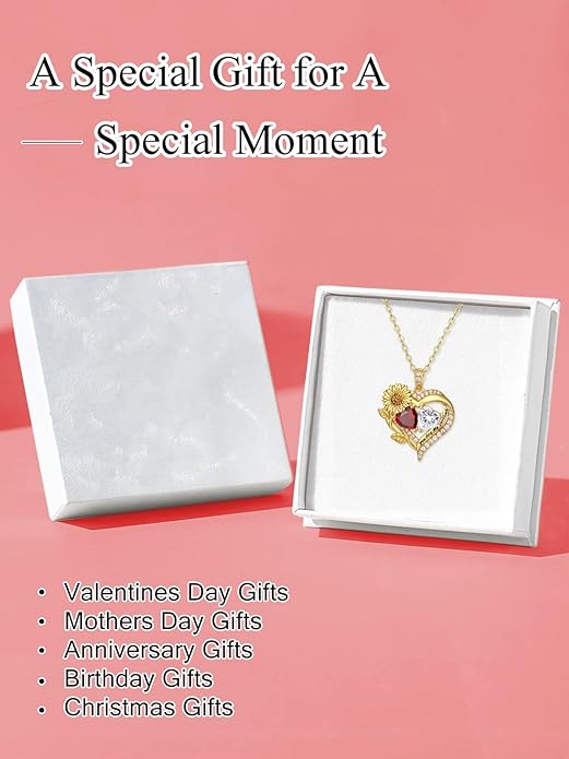 Sunflower Heart Necklace for Women 14K Gold Exquisite Anniversary Birthday Gifts for Wife Mother Her Double Birthstone Pendant jewelry‘You Are My Sunshine’