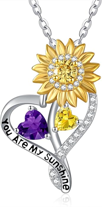 Zeuslia Double Birthstone Necklace Gifts for Wife - 925 Sterling Silver Sunflower/Rose/Crown Cross/Compass/Heart Pendant I Love You Necklace, Anniversary Birthday Gifts for Wife Girlfriend Mom Her