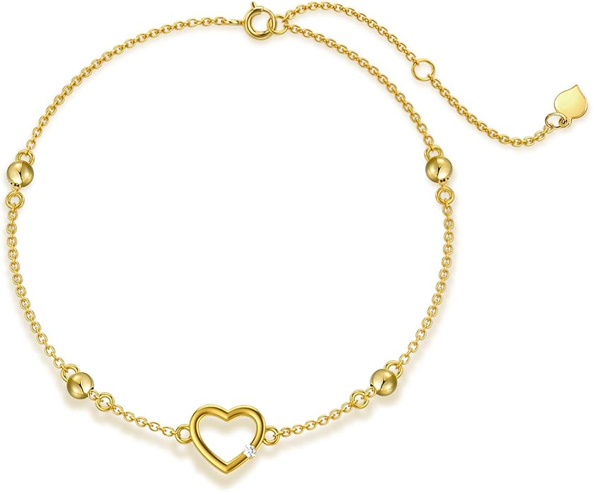 14K Solid Gold Moissanite Heart Bracelet for Women, Real Gold Love Heart Bracelets Anniversary Christmas Jewelry Gift for Her, Wife, Mom, Sister 8"
