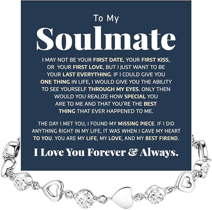 To My Soulmate Heart Bracelet Gift, Beautiful Soulmate Jewelry With Message Card and Box For Women, Romantic Anniversary, Birthday, Christmas or Valentine’s Day Gift