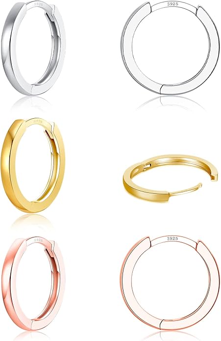 3 Pairs 925 Sterling Silver Hoop Earrings 14K White Gold Plated Small Silver Hoops Cartilage Huggie Earrings for Women Men