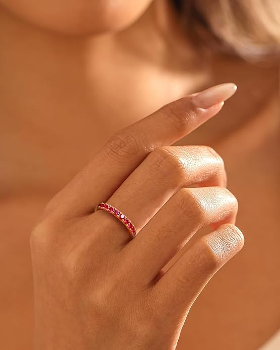 CAIDIKA Created Ruby/Sapphire/Emerald Stackable Rings for Women 14K Gold Plated/ 925 Sterling Silver 2.2mm Wedding Band Ring (with Gift Box)