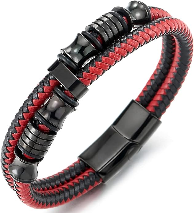 COOLSTEELANDBEYOND Mens Double-Row Braided Leather Bracelet Bangle Wristband with Stainless Steel Ornaments