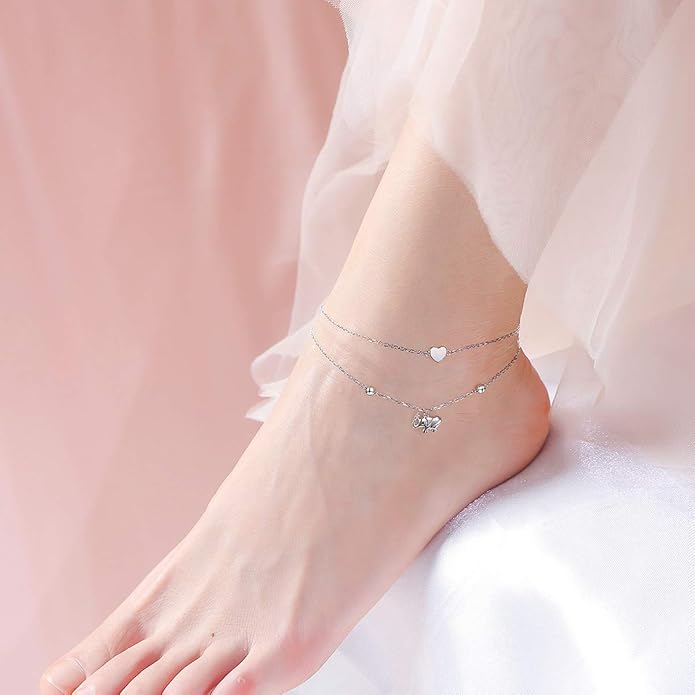 FLYOW Anklet for Women S925 Sterling Silver Adjustable Foot Beaded Heart Charm Ankle Bracelet Anklets Jewelry