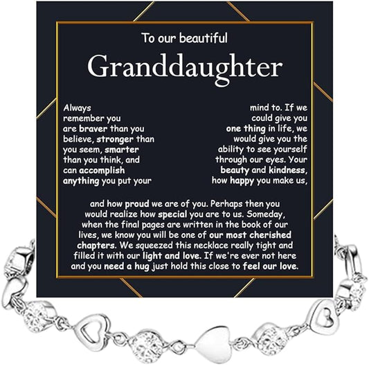 To My Granddaughter Heart Bracelet, Meaningful Jewelry Gift, Bracelet For Granddaughter from Grandma Grandpa with Message Card and Box on Christmas, Birthday, Graduation, Bracelets For Women
