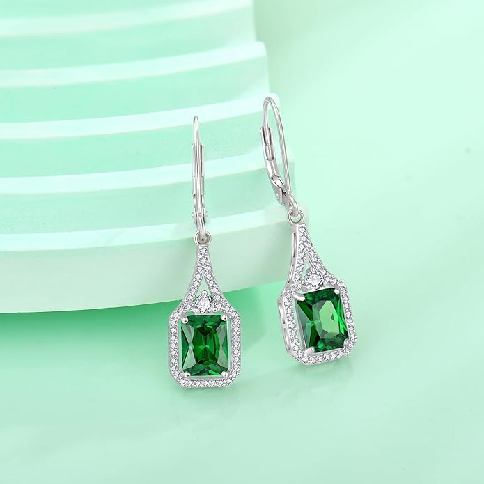 Emerald Cut Dangle Drop Earrings 925 Sterling Silver Halo Rectangular Leverback Earrings Birthstone Jewelry for Women