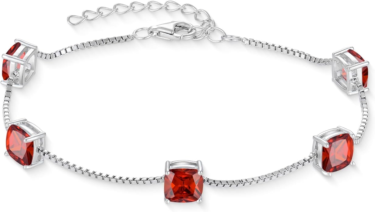 Birthstone Bracelet for Women 925 Sterling Silver Dainty Princess Cut Link Bracelet Jewelry Gifts for Her