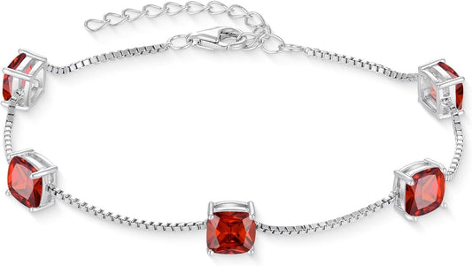 Birthstone Bracelet for Women 925 Sterling Silver Dainty Princess Cut Link Bracelet Jewelry Gifts for Her