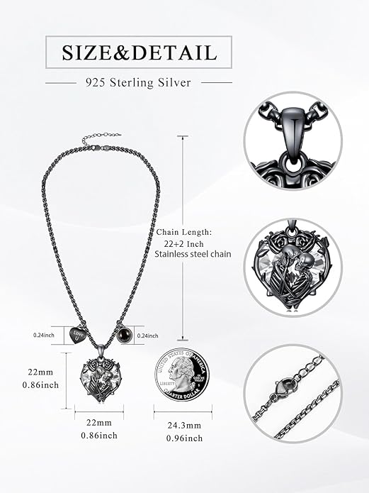 Flpruy 925 Sterling Silver Black Gothic Jewelry Gifts Skeleton Couple Pendant Crystal Birthstone Heart Necklace Punk Romantic Jewelry for Lover Men Women