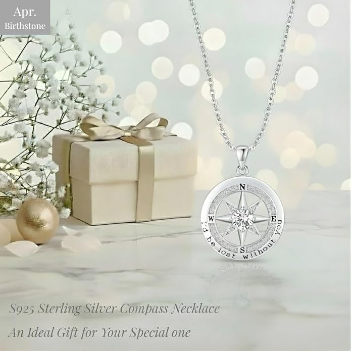 Compass Necklace for Women Wife Girlfriend Mom Daughter Gifts S925 Silver Jewelry For Anniversary Rose Gold Gifts For Birthday Christmas Mothers Valentines Day 12 Birthstones