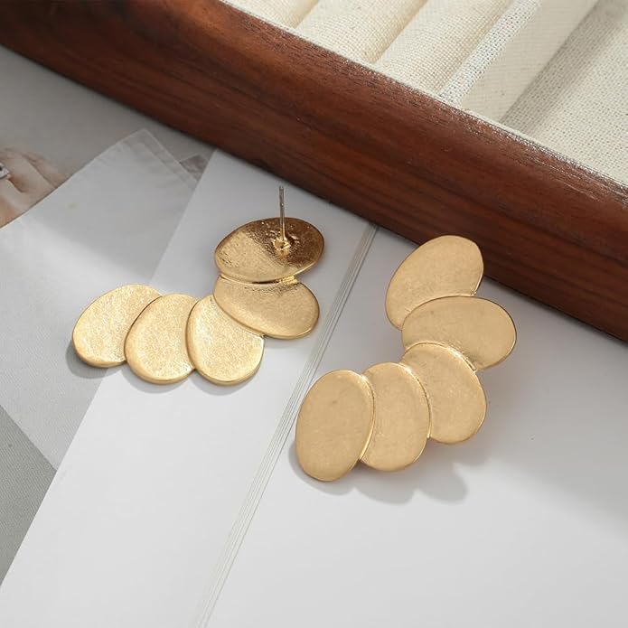 Chunky Gold Statement Earrings For Women Gold Plated Sectored Flower Leaf Shell Angel Wing Earrings Large Stud Earrings Hypoallergenic Earrings