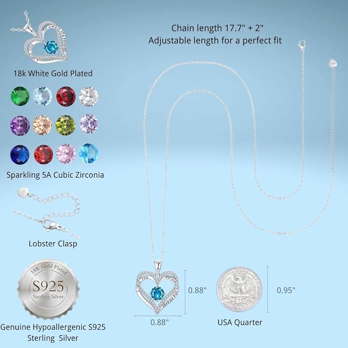 Birthstone Heart Necklace for Women Wife Girlfriend Mom Daughter Gifts S925 Silver Jewelry For Anniversary Rose Gold Gifts For Birthday Christmas Mothers Valentines Day