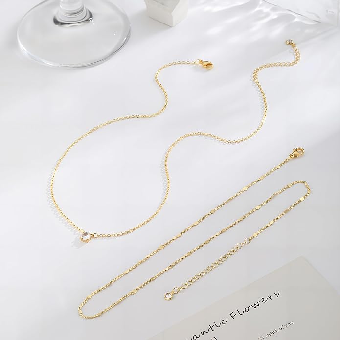 Layered Gold Necklace for Women Trendy 14K Gold Plated Heart CZ Pendant Layered Gold Necklaces Set Coin Choker Necklaces Simple Circle Cubic Zirconia Pearl Necklace Stack Herringbone Paperclip Chain Jewelry Set