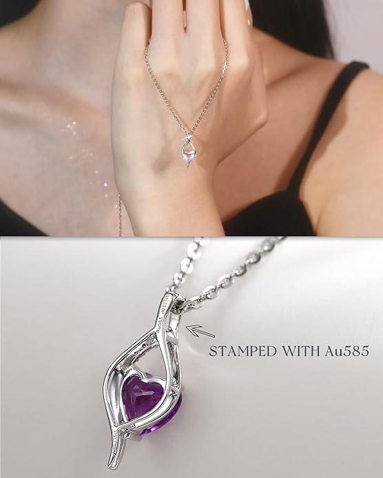 FANCIME 14K Solid White Gold Birthstone Necklace Genuine or Created 6mm Heart Gemstone Pendant with Lab Grow Diamonds Sterling Silver Chain Fine Jewelry Anniversary Birthday Gifts for Women 16" + 2"