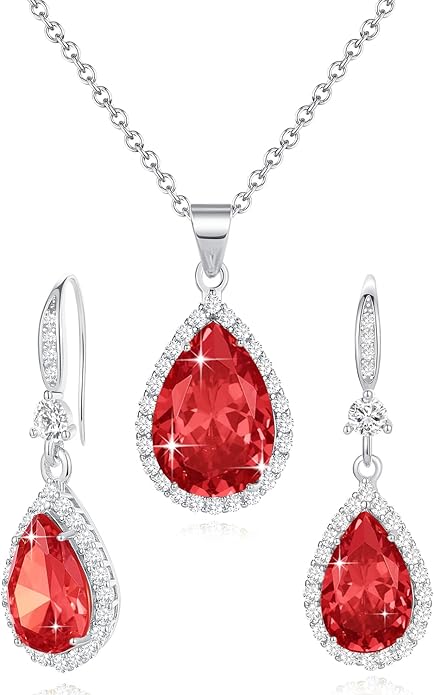 Sumonyo Women Jewelry Set Silver/Gold Plated Teardrop Pendant Necklace Dangle Drop Earrings Dangling Sets Birthstone Crystals Rhinestone,Birthday Anniversary Wedding Mother’s Day Gifts for Women