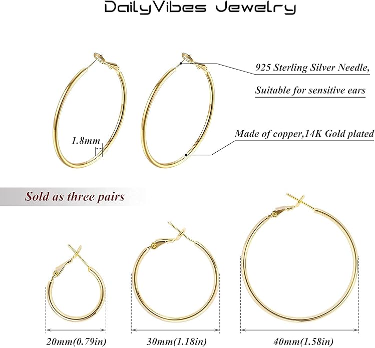 Big Gold Hoop Earrings for Women Hypoallergenic 925 Sterling Silver Post Thin Loop 14K Gold Plated Hoop Earrings Set for Women, 3 Pairs