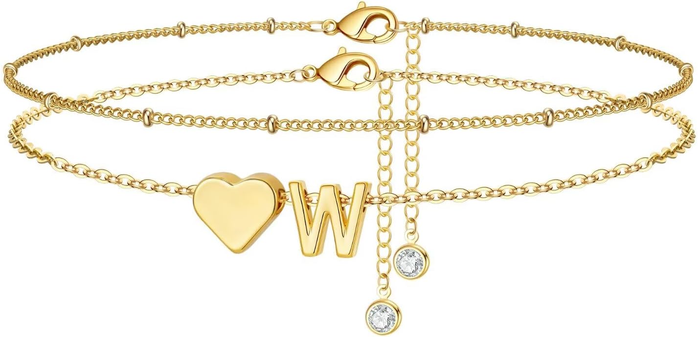 M MOOHAM Gold Initial Ankle Bracelets for Women - Layered Heart Letter A-Z Initial Dainty Gold Anklets for Women Waterproof, Womens Anklets Jewelry Birthday Gifts Jewelry