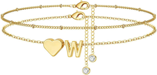 M MOOHAM Gold Initial Ankle Bracelets for Women - Layered Heart Letter A-Z Initial Dainty Gold Anklets for Women Waterproof, Womens Anklets Jewelry Birthday Gifts Jewelry